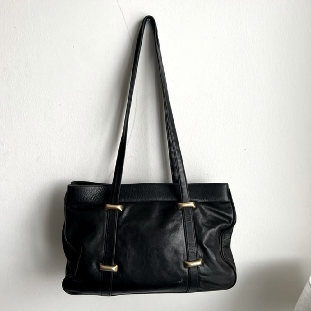 Perlina Leather‎ Tote Black Brass Hardware Large